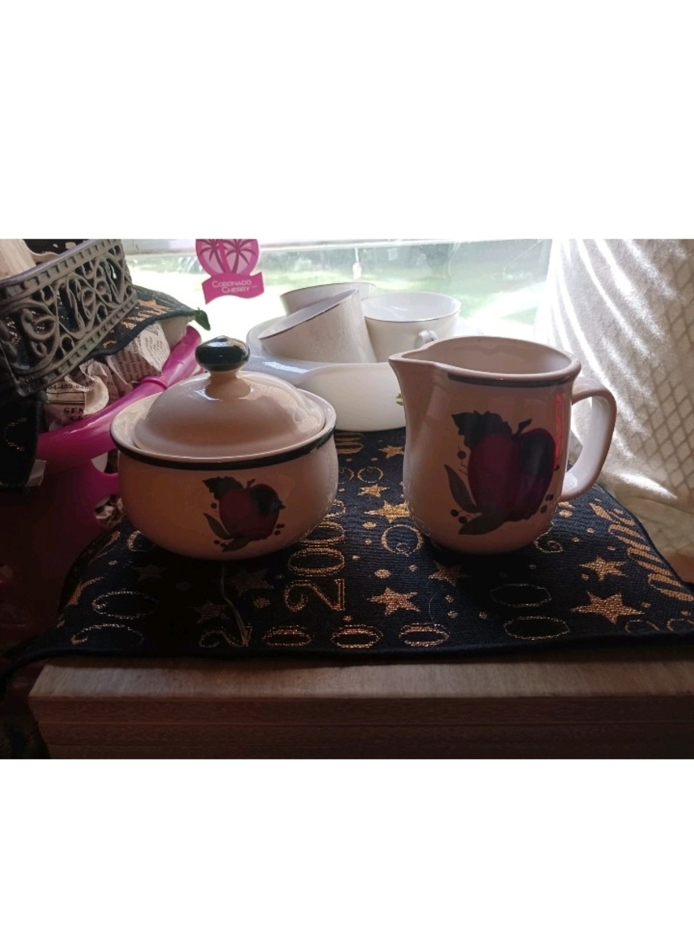 Cream Ceramic Sugar Bowl and Creamer Set with Purple Apple Motif  Tenderheart Tr